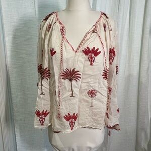 Antik Batik Cream Peasant Blouse with Red Palm Motif